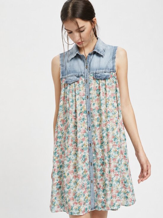 Seductions Tops - Denim and soft floral sheer tunic, PTP 20"